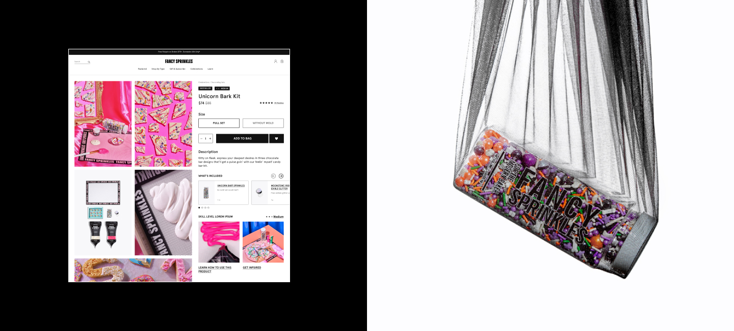 Fancy Sprinkles website mockup product listing page and image of a sprinkle jar hanging from a black net